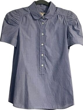 J Crew puff sleeve blue poplin popover blouse half button up Peter Pan collar 2